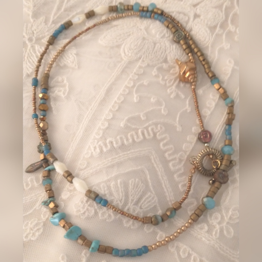 Beaded Necklace with Gold and Blue Accents
